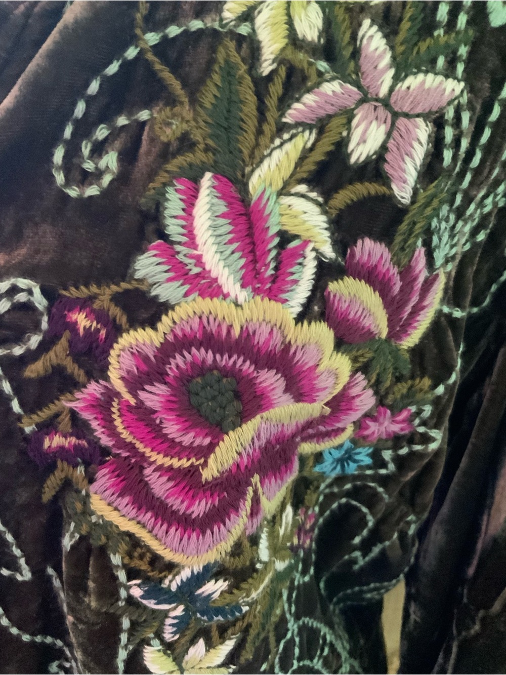 J.Jill Olive Silk Blend Velvet Snap Button-Front Floral Embroidered Shirt - Picture 3 of 8